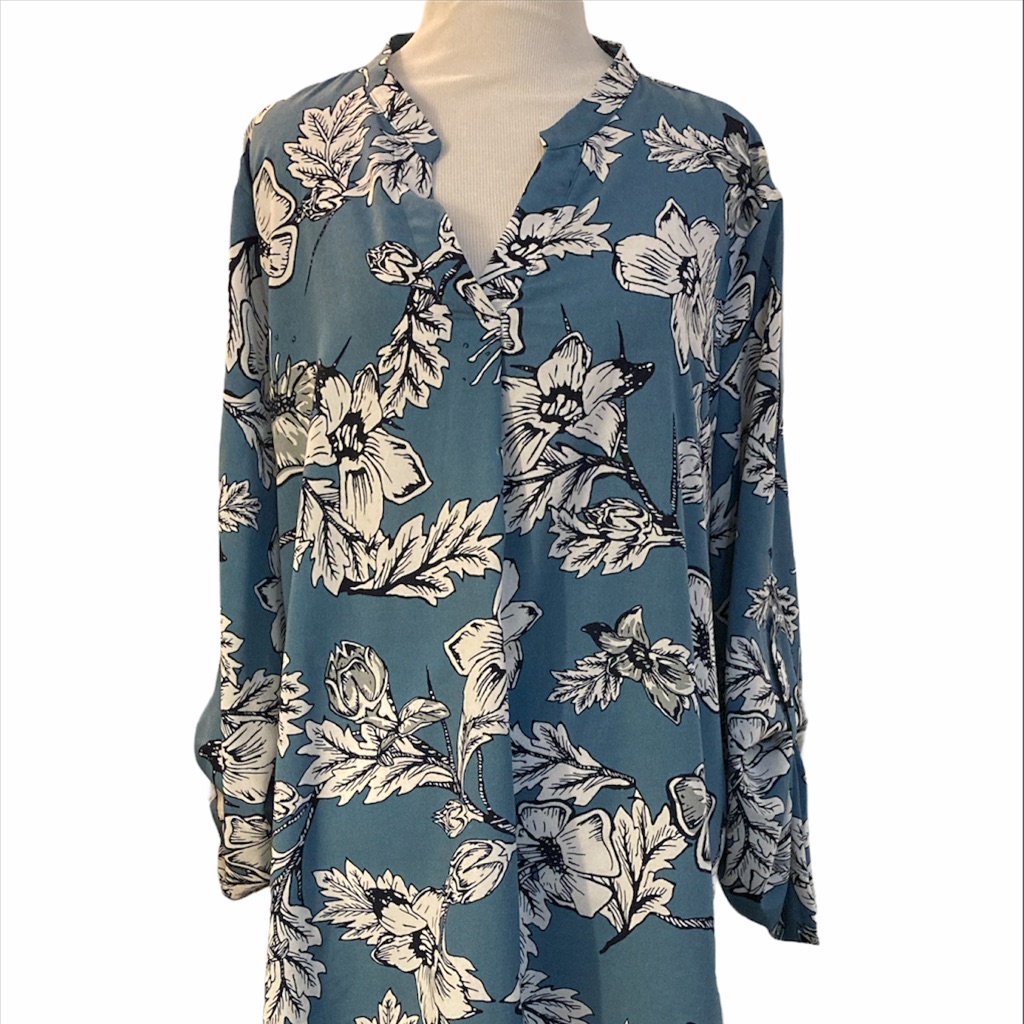 Floral Print, Long V Neck Cuffed Sleeve Blouse Top